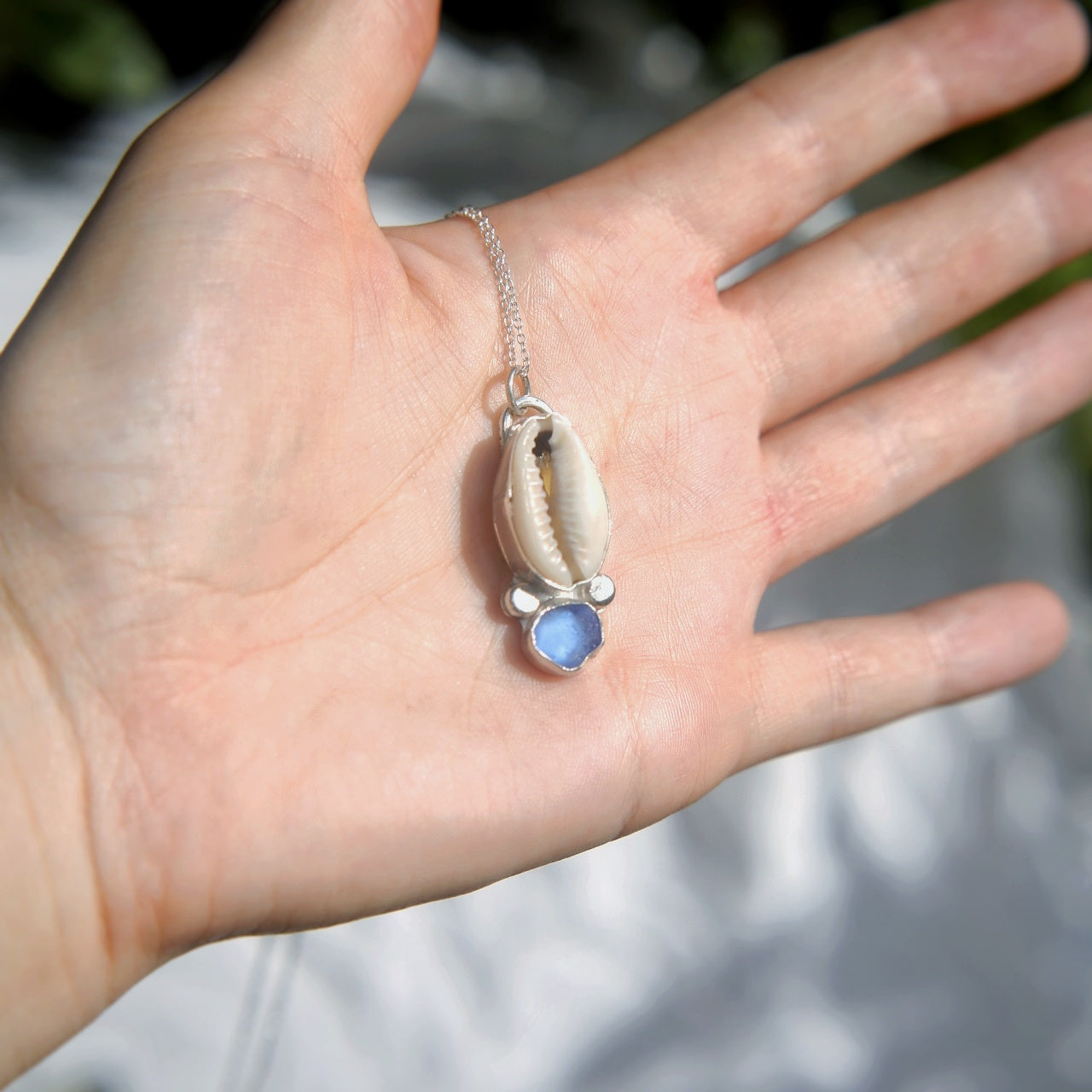 Cowrie Shell & Sea Glass Pendant