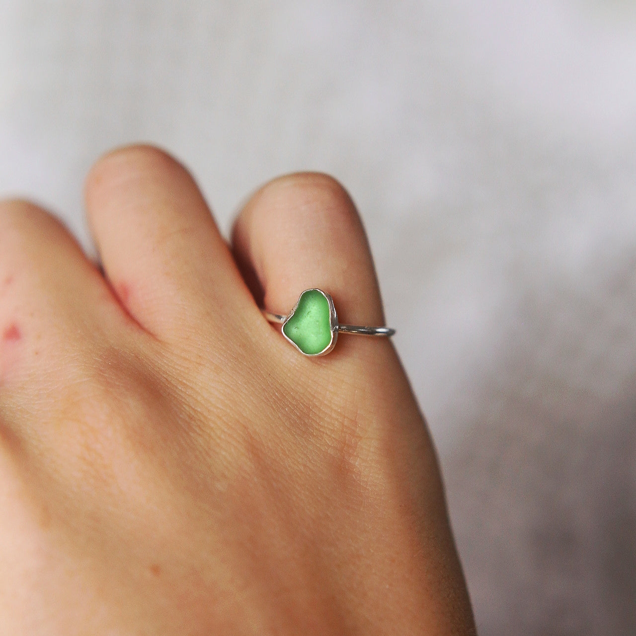 green sea glass ring, eco recycled silver, sea glass jewellery