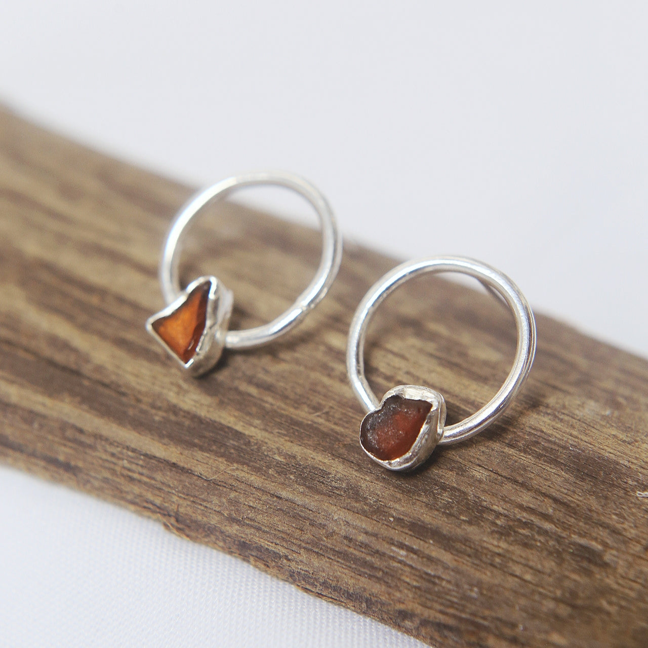 Amber Sea Glass Circle Stud Earrings