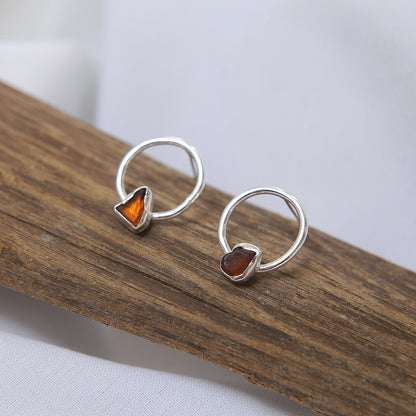 Amber Sea Glass Circle Stud Earrings